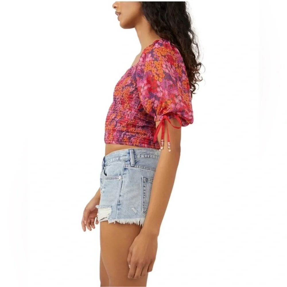 Free People Back On Cropped Top Smocked‎ Floral Print Balloon Sleeve NWT 273095